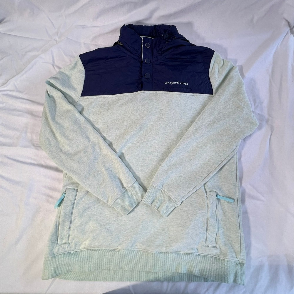 Vineyard Vines Pullover Quilted Snap Neck Hooded Sweatshirt Mint Navy Small - Picture 12 of 12